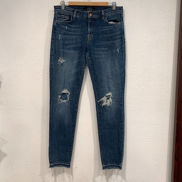 J Brand Ellis Villain Skinny Jeans Size 28 Raw Hem Distressed Blue Stretch 32x31 - Picture 1 of 11
